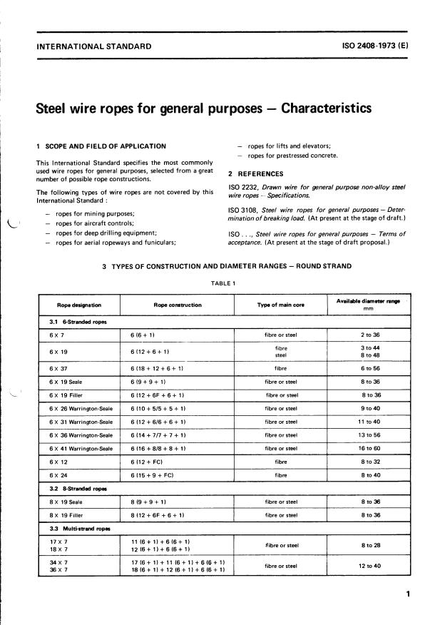 ISO 2408:1973 - Steel wire ropes for general purposes -- Characteristics