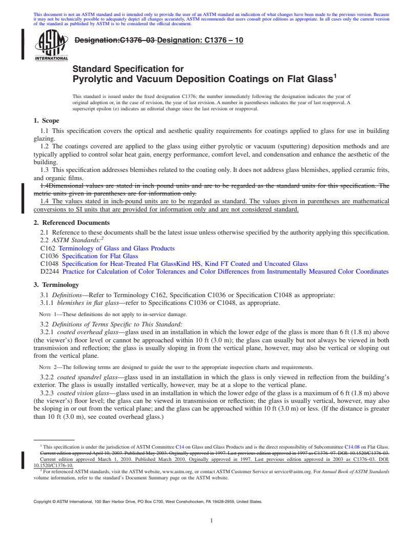 REDLINE ASTM C1376-10 - Standard Specification for Pyrolytic and Vacuum Deposition Coatings on Flat Glass