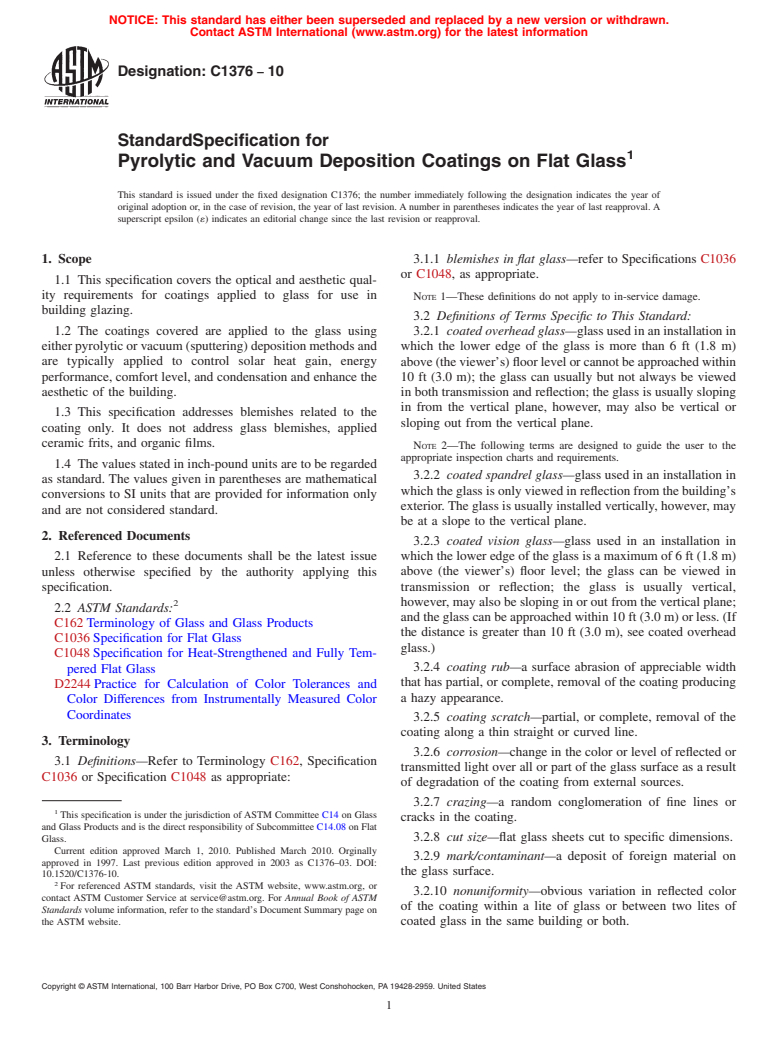 ASTM C1376-10 - Standard Specification for Pyrolytic and Vacuum Deposition Coatings on Flat Glass