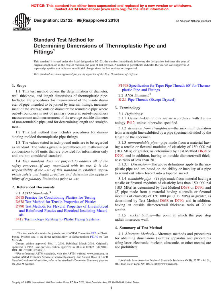 ASTM D2122-98(2010) - Standard Test Method for Determining Dimensions of Thermoplastic Pipe and Fittings