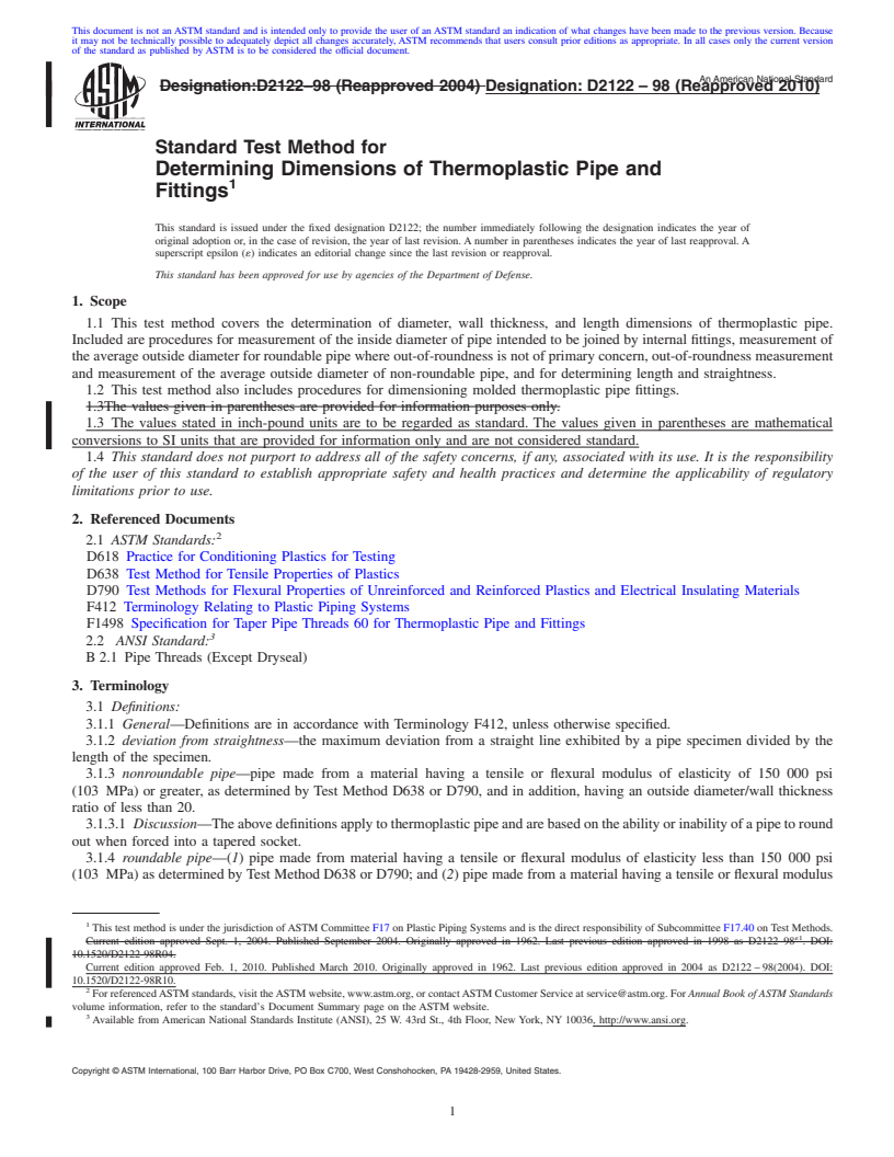 REDLINE ASTM D2122-98(2010) - Standard Test Method for Determining Dimensions of Thermoplastic Pipe and Fittings