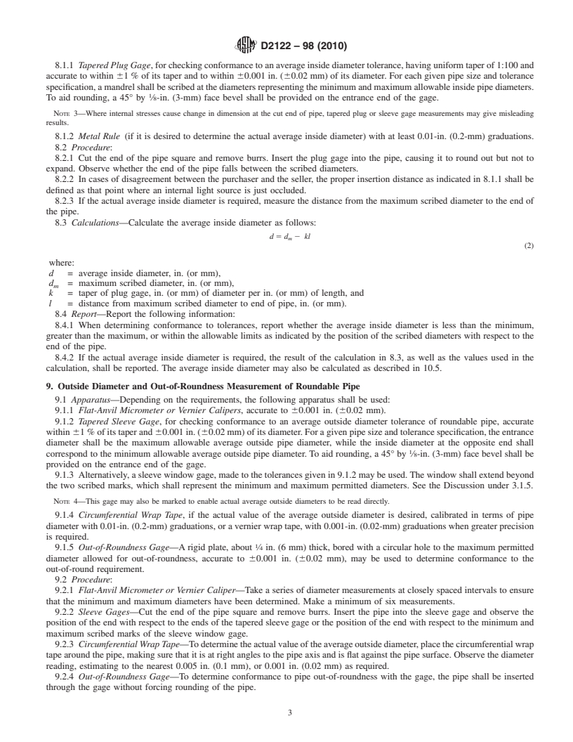 REDLINE ASTM D2122-98(2010) - Standard Test Method for Determining Dimensions of Thermoplastic Pipe and Fittings