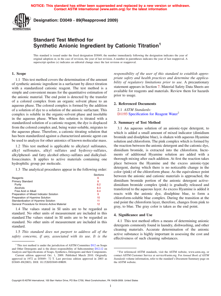 ASTM D3049-89(2009) - Standard Test Method for Synthetic Anionic Ingredient by Cationic Titration