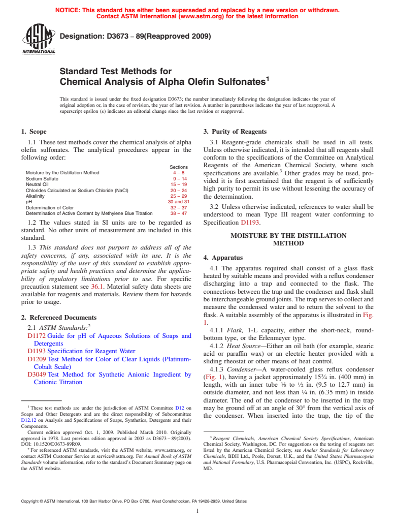 ASTM D3673-89(2009) - Standard Test Methods for Chemical Analysis of Alpha Olefin Sulfonates