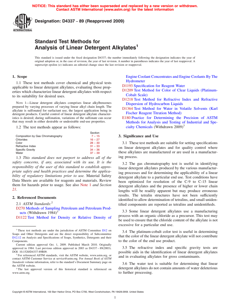 ASTM D4337-89(2009) - Standard Test Methods for Analysis of Linear Detergent Alkylates