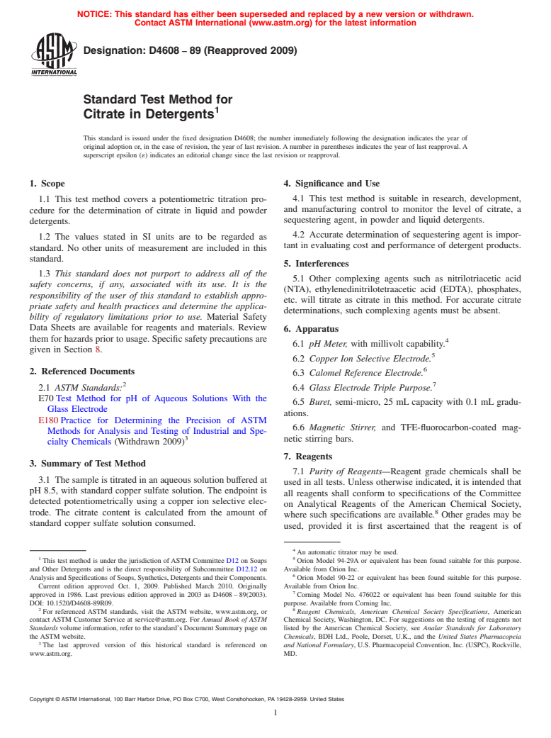 ASTM D4608-89(2009) - Standard Test Method for Citrate in Detergents