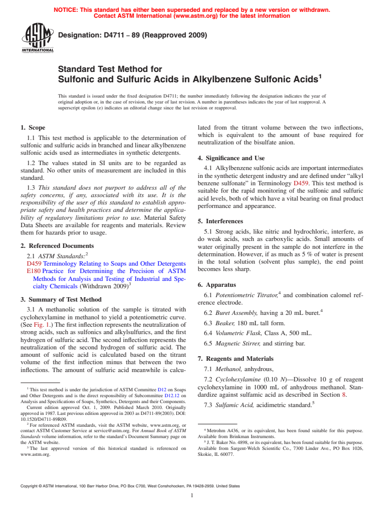 ASTM D4711-89(2009) - Standard Test Method for Sulfonic and Sulfuric Acids in Alkylbenzene Sulfonic Acids