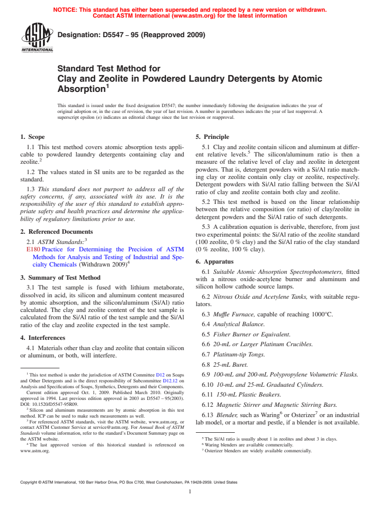 ASTM D5547-95(2009) - Standard Test Method for Clay and Zeolite in Powdered Laundry Detergents by Atomic Absorption