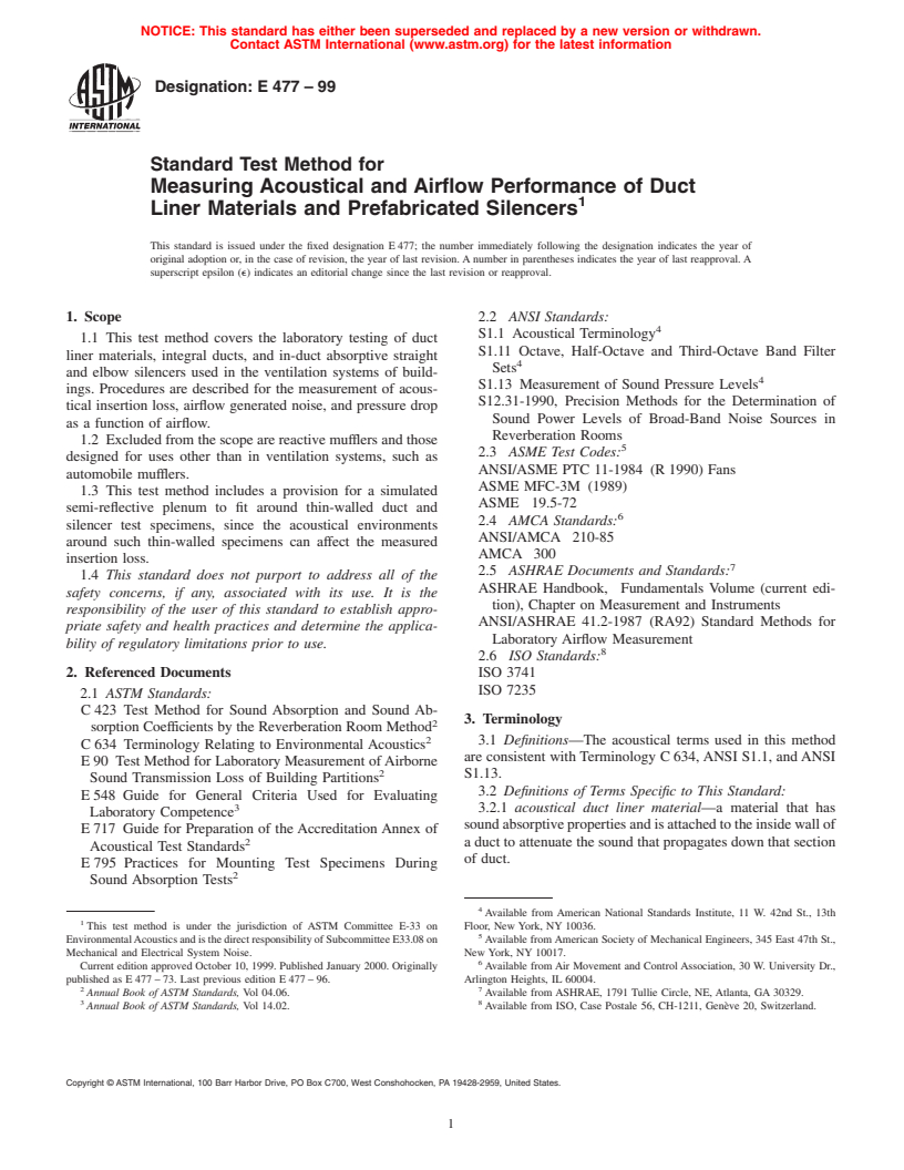 ASTM E477-99 - Standard Test Method for Measuring Acoustical and Airflow Performance of Duct Liner Materials and Prefabricated Silencers