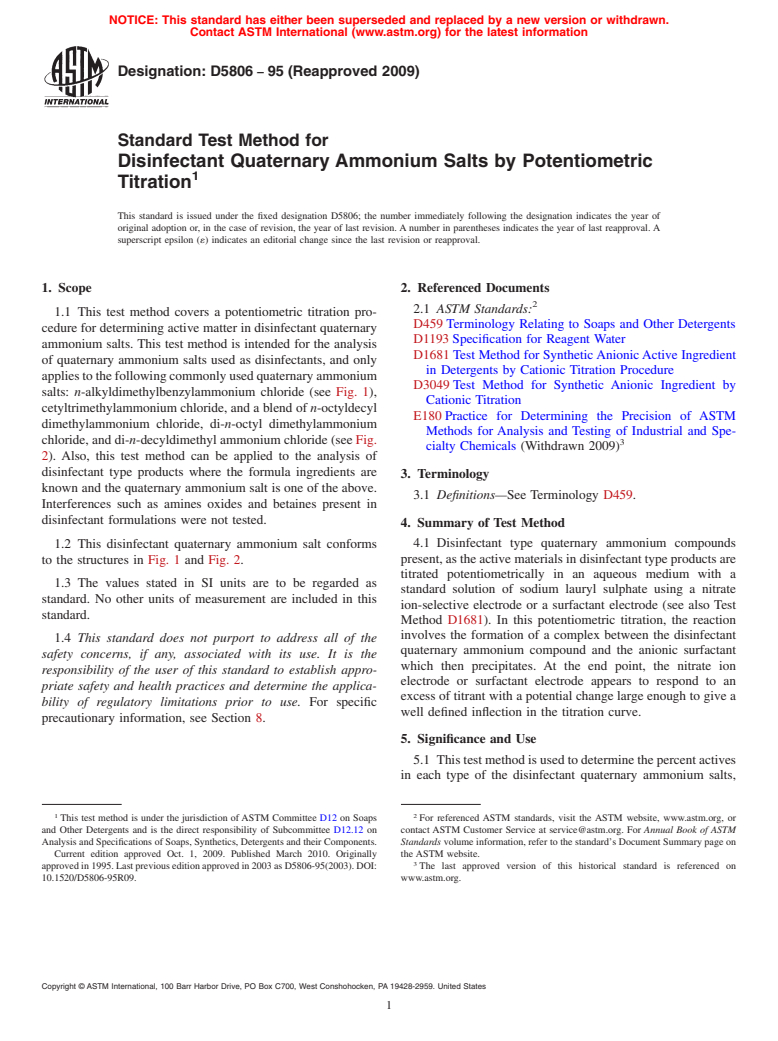 ASTM D5806-95(2009) - Standard Test Method for Disinfectant Quaternary Ammonium Salts by Potentiometric Titration