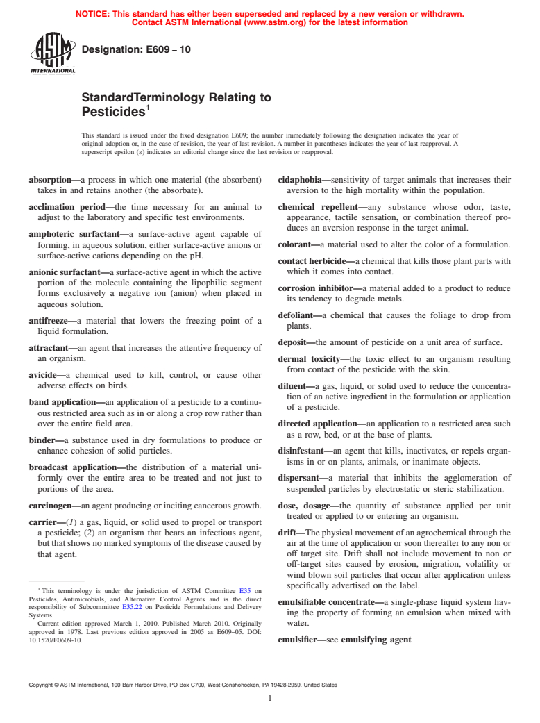 ASTM E609-10 - Standard Terminology Relating to Pesticides