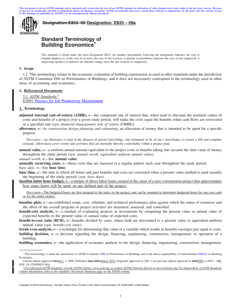 REDLINE ASTM E833-09a - Standard Terminology of Building Economics
