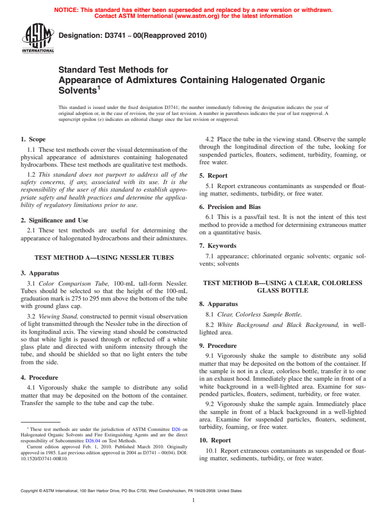 ASTM D3741-00(2010) - Standard Test Methods for Appearance of Admixtures Containing Halogenated Organic Solvents