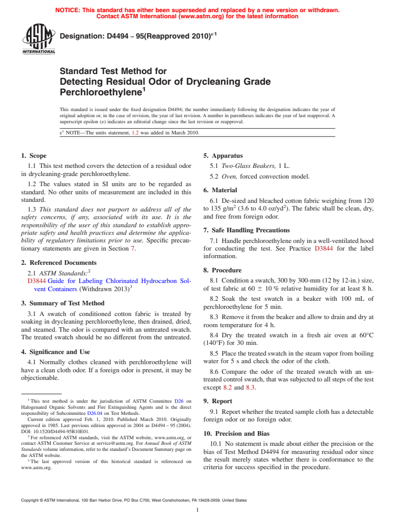 ASTM D4494-95(2010)e1 - Standard Test Method for Detecting Residual Odor of Drycleaning Grade Perchloroethylene