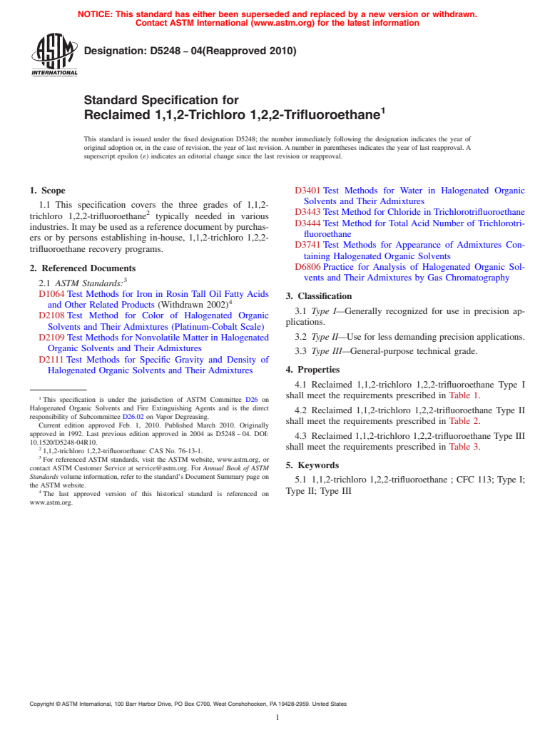 ASTM D5248-04(2010) - Standard Specification for Reclaimed 1,1,2-Trichloro 1,2,2-Trifluoroethane