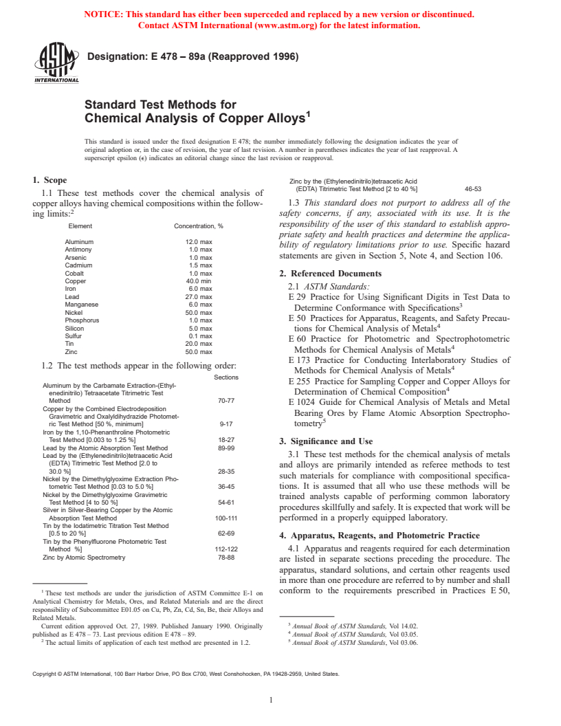 ASTM E478-89a(1996) - Standard Test Methods for Chemical Analysis of Copper Alloys