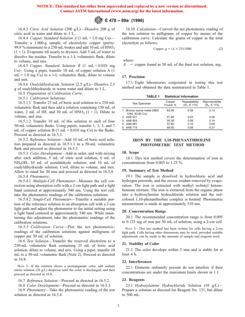 ASTM E478-89a(1996) - Standard Test Methods for Chemical Analysis of Copper Alloys