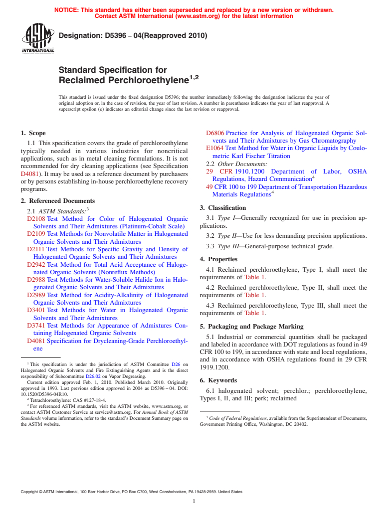 ASTM D5396-04(2010) - Standard Specification for Reclaimed Perchloroethylene