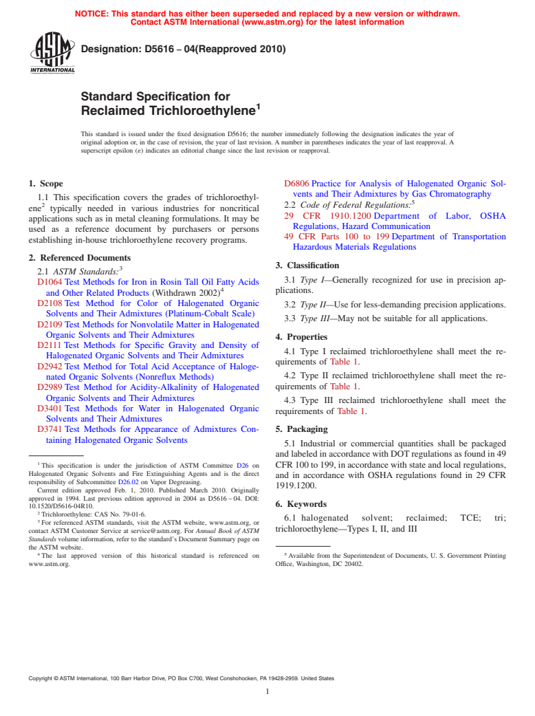 ASTM D5616-04(2010) - Standard Specification for Reclaimed Trichloroethylene