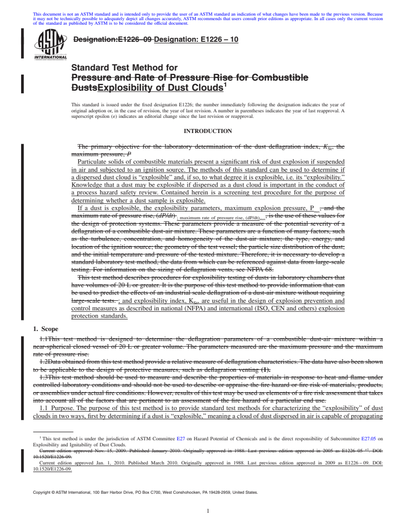 REDLINE ASTM E1226-10 - Standard Test Method for Explosibility of Dust Clouds