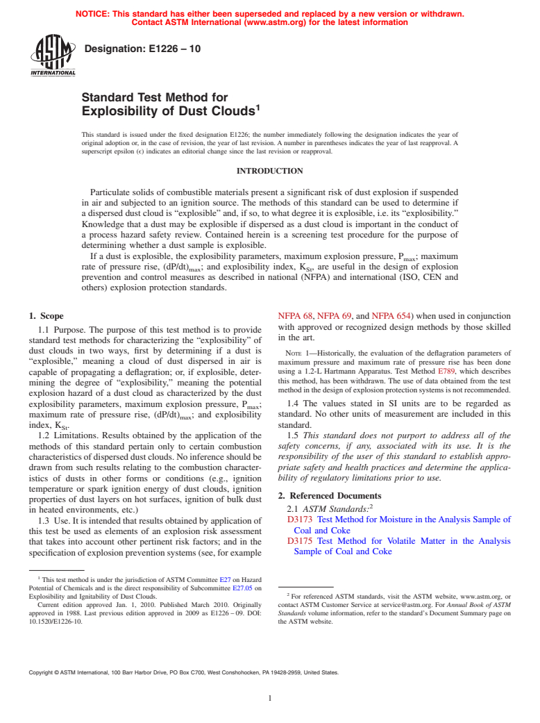 ASTM E1226-10 - Standard Test Method for Explosibility of Dust Clouds