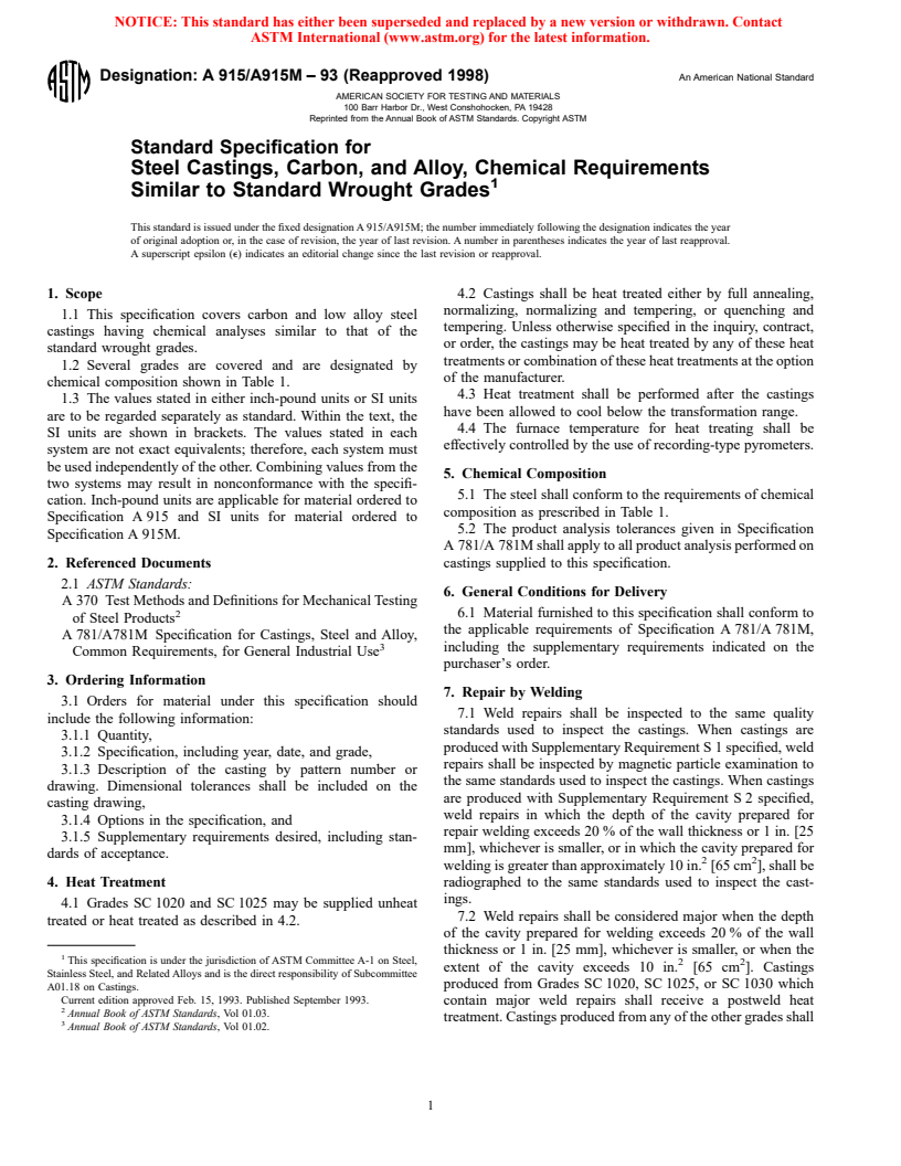 ASTM A915/A915M-93(1998) - Standard Specification for Steel Castings, Carbon, and Alloy, Chemical Requirements Similar to Standard Wrought Grades