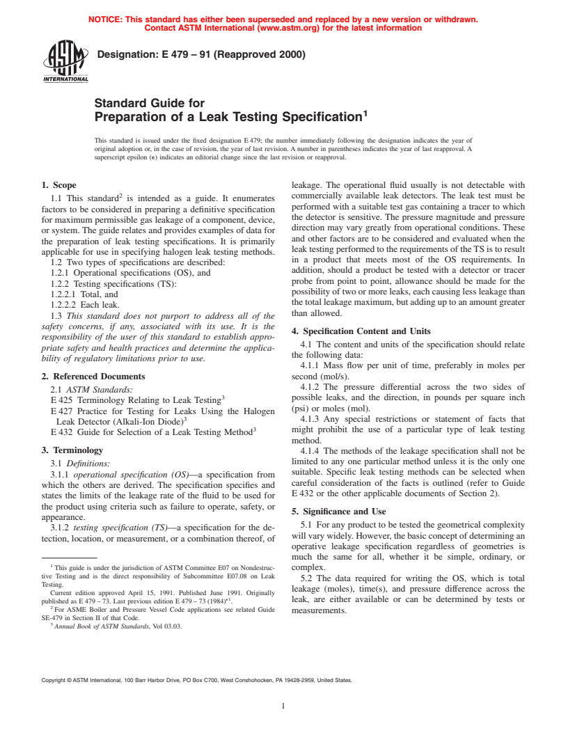 ASTM E479-91(2000) - Standard Guide for Preparation of a Leak Testing Specification