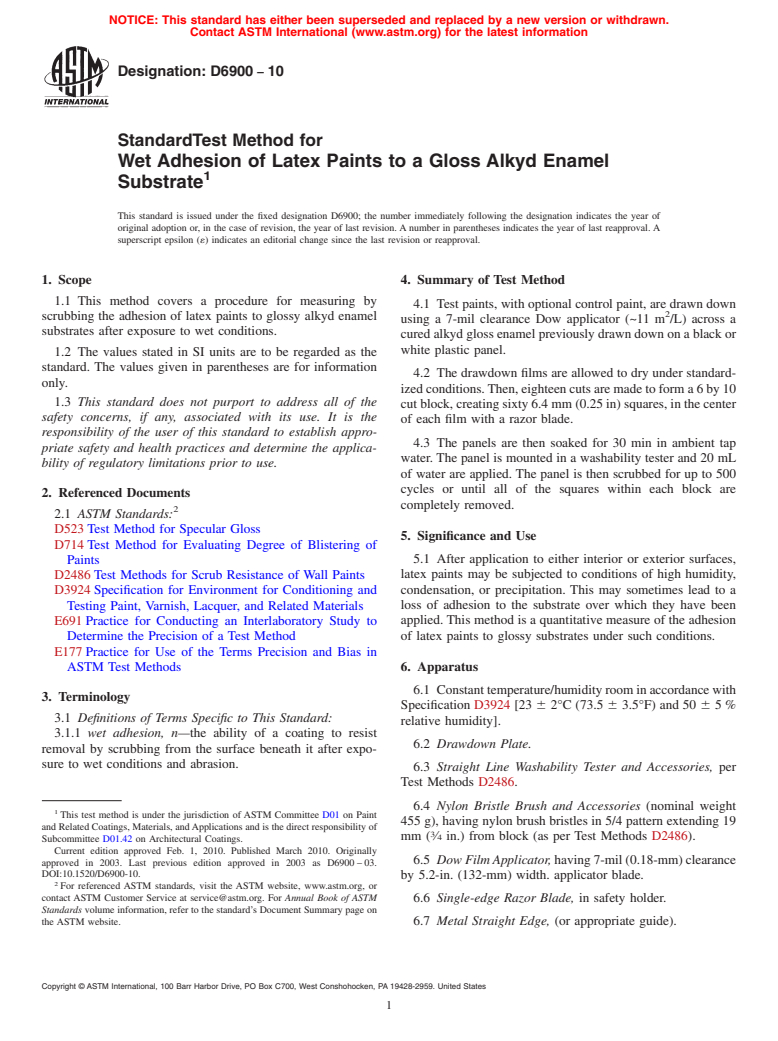 ASTM D6900-10 - Standard Test Method for Wet Adhesion of Latex Paints to a Gloss Alkyd Enamel Substrate