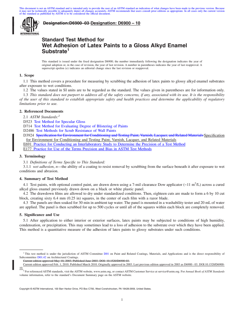 REDLINE ASTM D6900-10 - Standard Test Method for Wet Adhesion of Latex Paints to a Gloss Alkyd Enamel Substrate