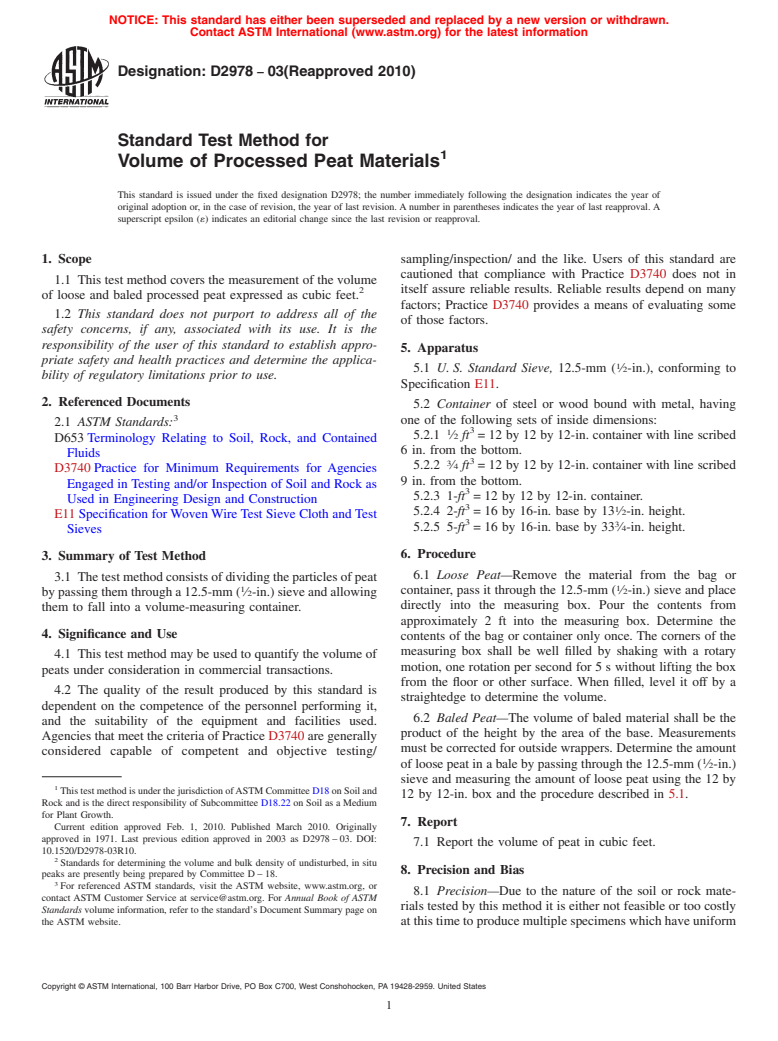 ASTM D2978-03(2010) - Standard Test Method for Volume of Processed Peat Materials