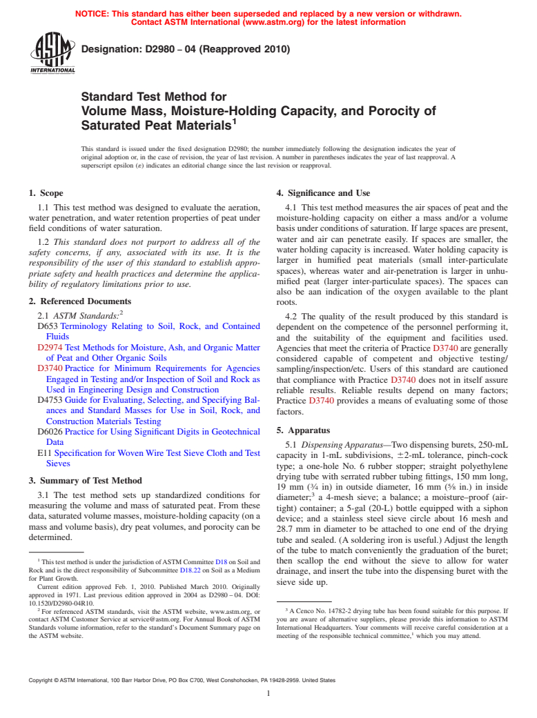 ASTM D2980-04(2010) - Standard Test Method for Volume Weights, Water-Holding Capacity, and Air Capacity of Water-Saturated Peat Materials