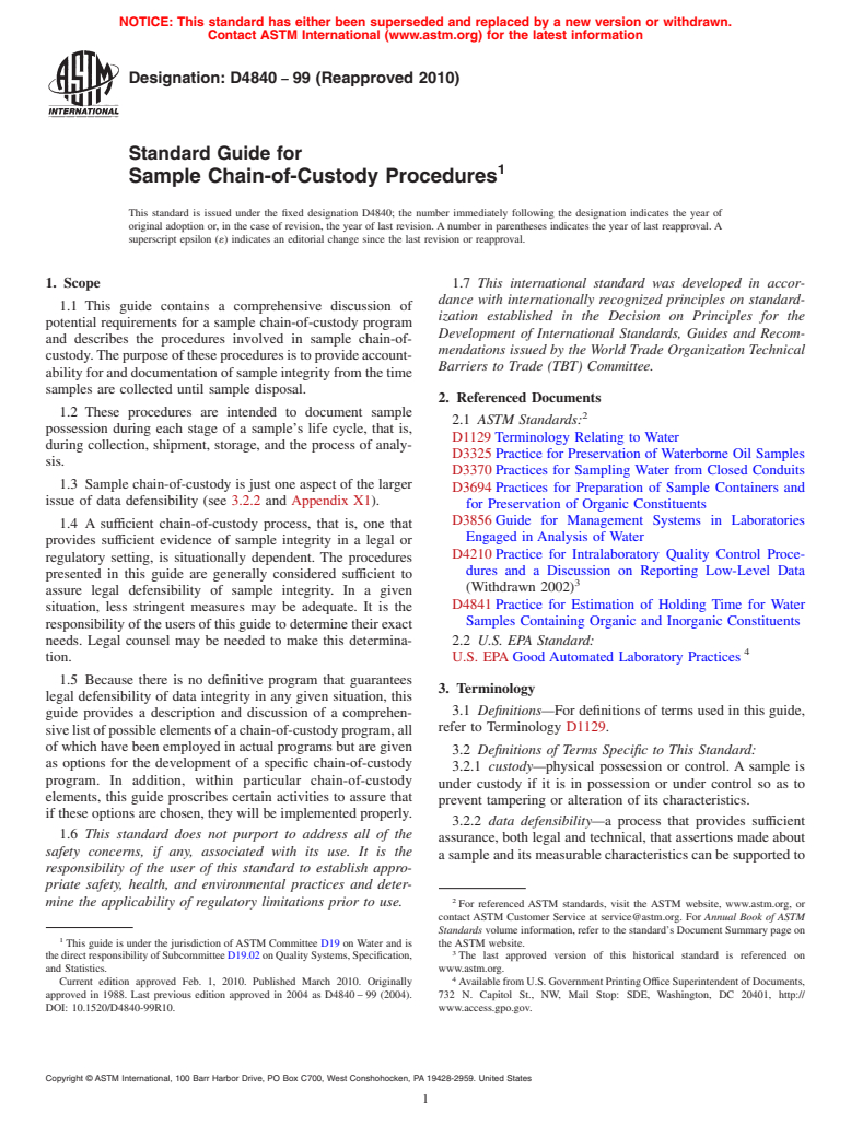 ASTM D4840-99(2010) - Standard Guide for Sampling Chain-of-Custody Procedures