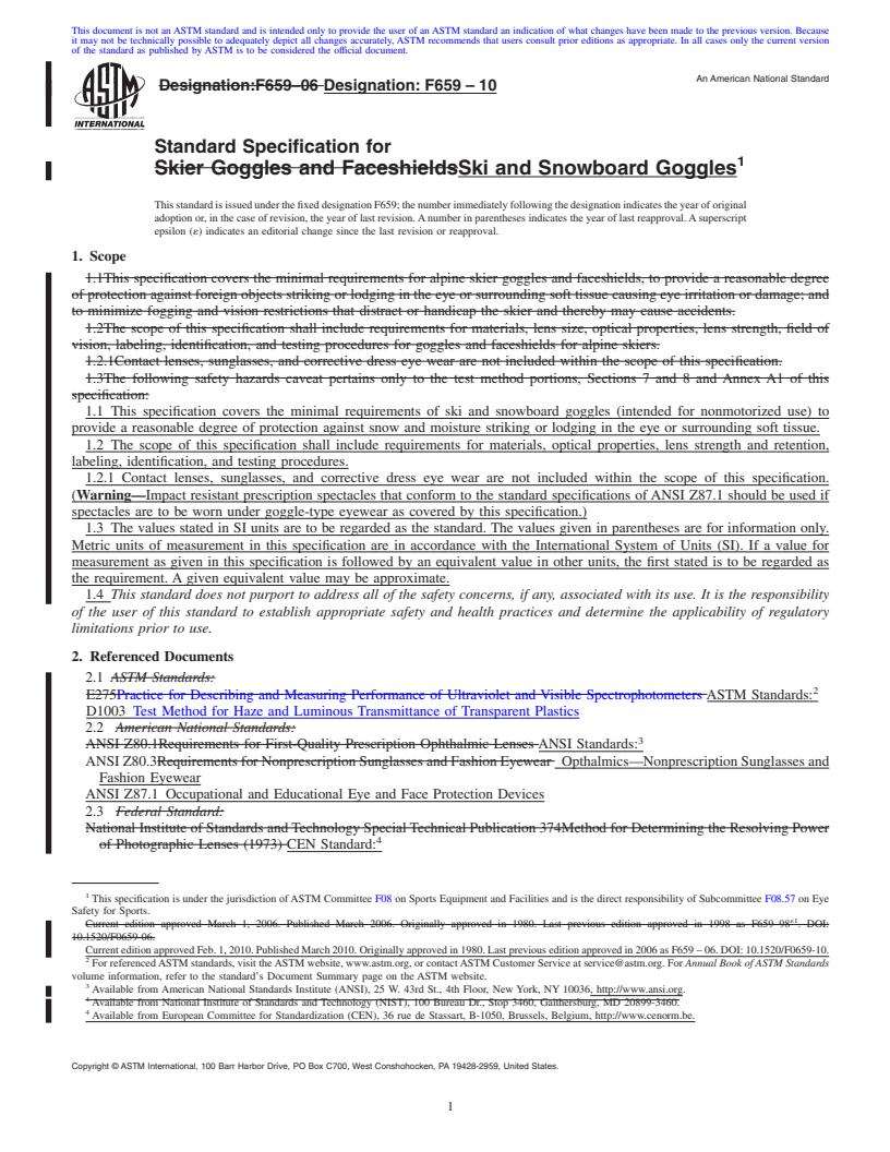 REDLINE ASTM F659-10 - Standard Specification for  Ski and Snowboard Goggles