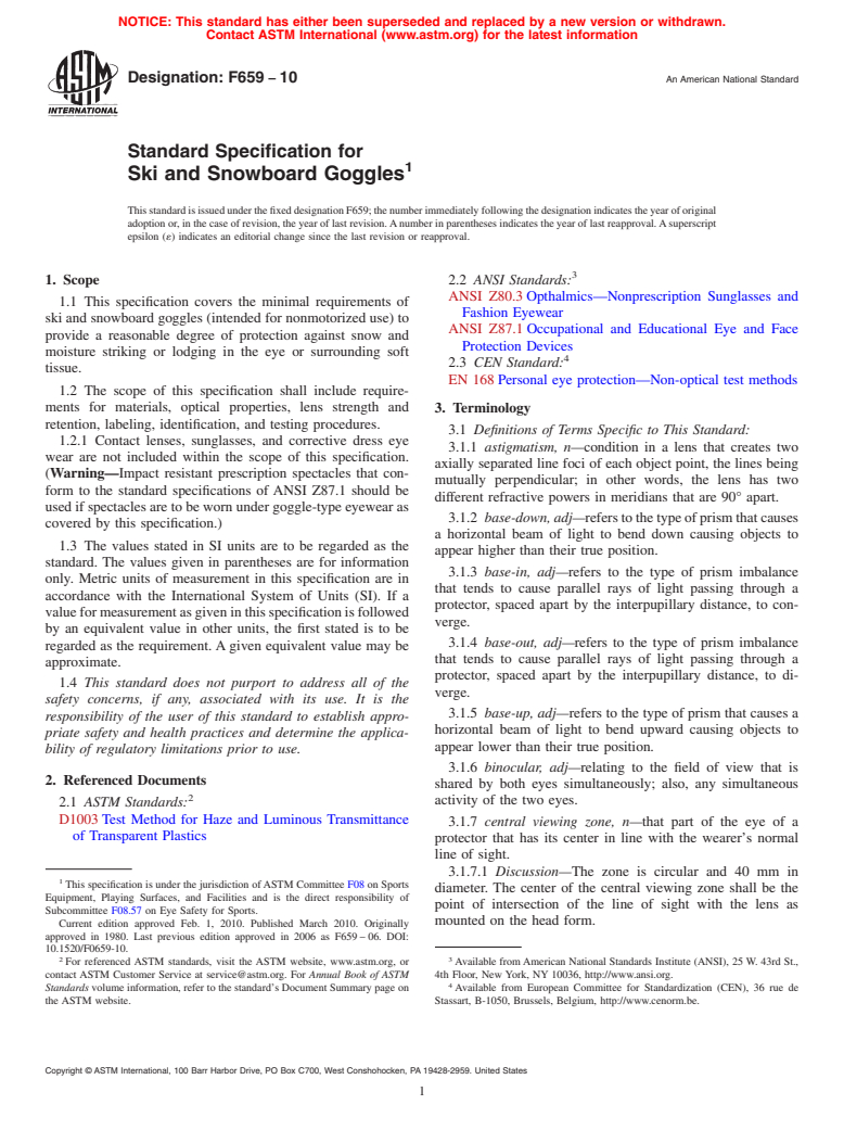 ASTM F659-10 - Standard Specification for  Ski and Snowboard Goggles