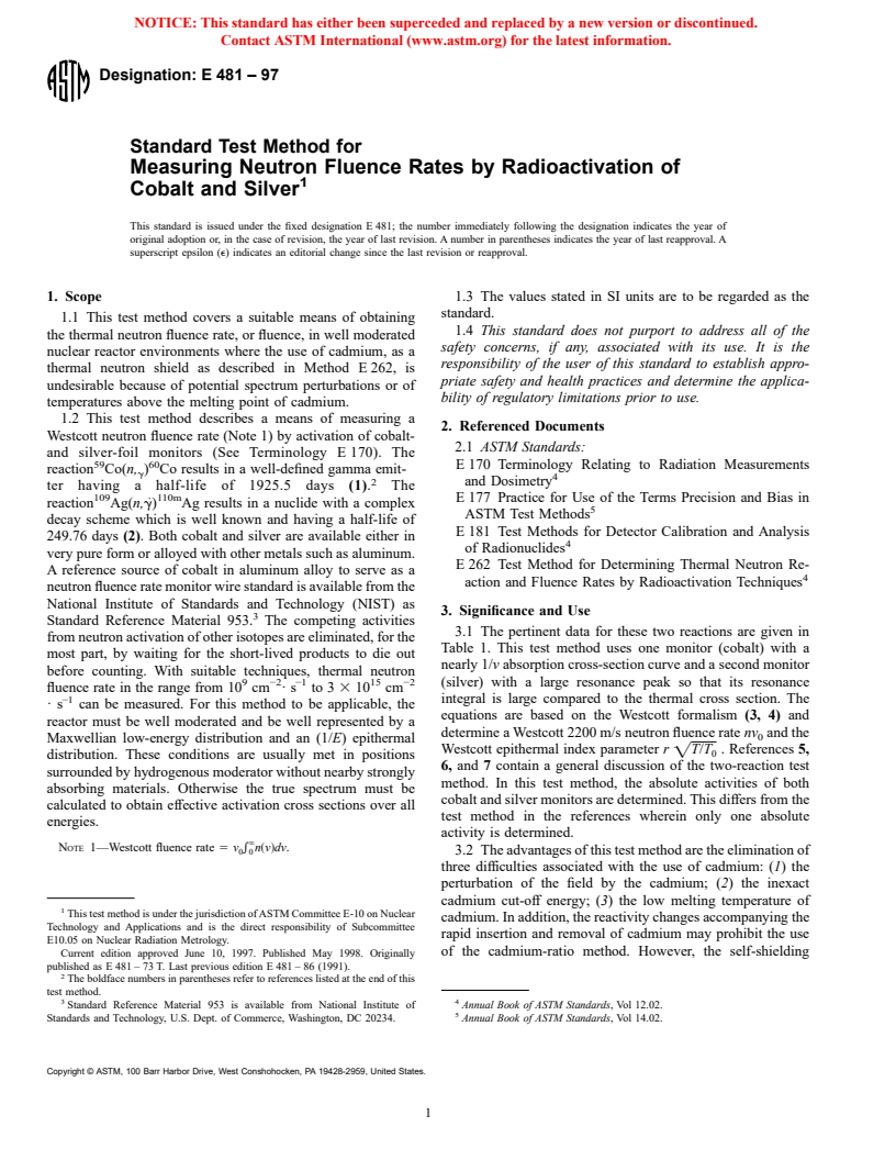 ASTM E481-97 - Standard Test Method for Measuring Neutron Fluence Rate by Radioactivation of Cobalt and Silver