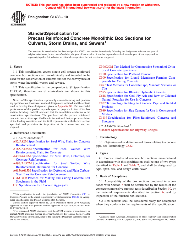 ASTM C1433-10 - Standard Specification for Precast Reinforced Concrete Monolithic Box Sections for Culverts, Storm Drains, and Sewers