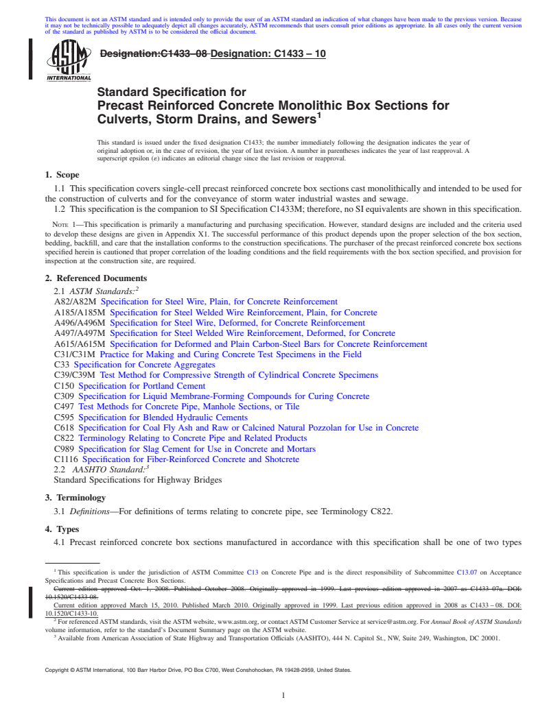 REDLINE ASTM C1433-10 - Standard Specification for Precast Reinforced Concrete Monolithic Box Sections for Culverts, Storm Drains, and Sewers