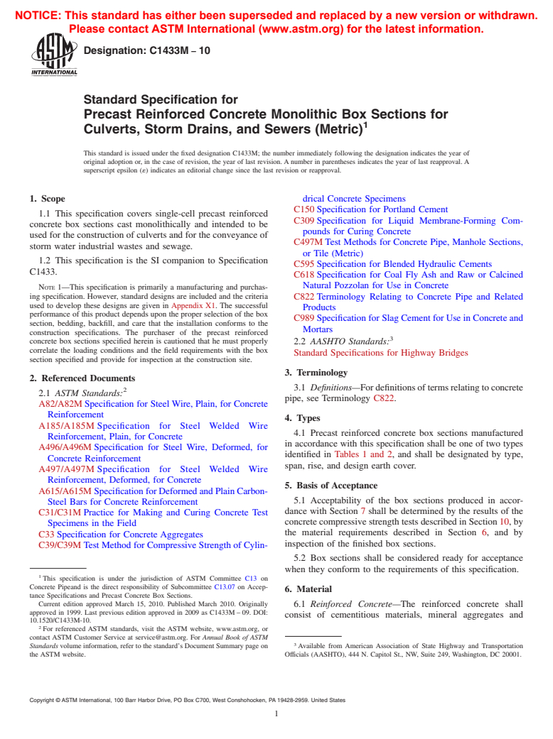 ASTM C1433M-10 - Standard Specification for Precast Reinforced Concrete Monolithic Box Sections for Culverts, Storm Drains, and Sewers (Metric)