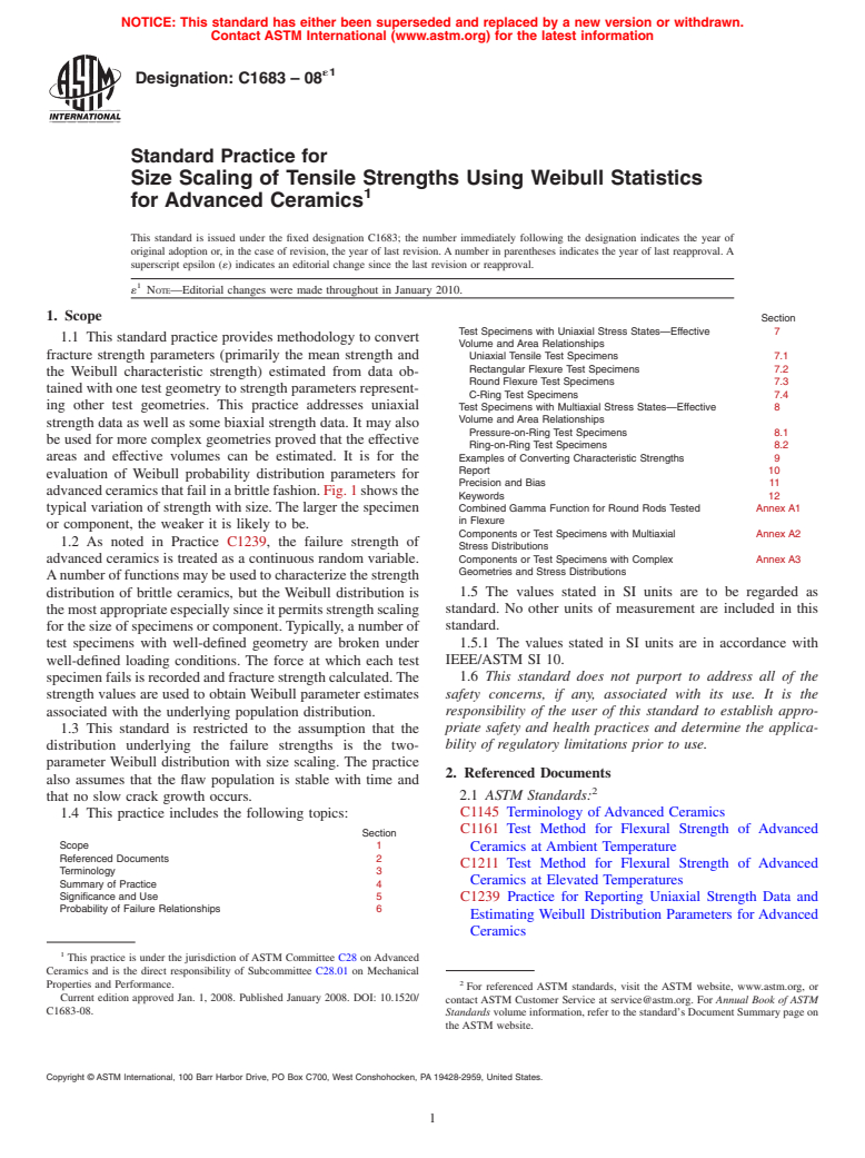 ASTM C1683-08e1 - Standard Practice for Size Scaling of Tensile Strengths Using Weibull Statistics for Advanced Ceramics