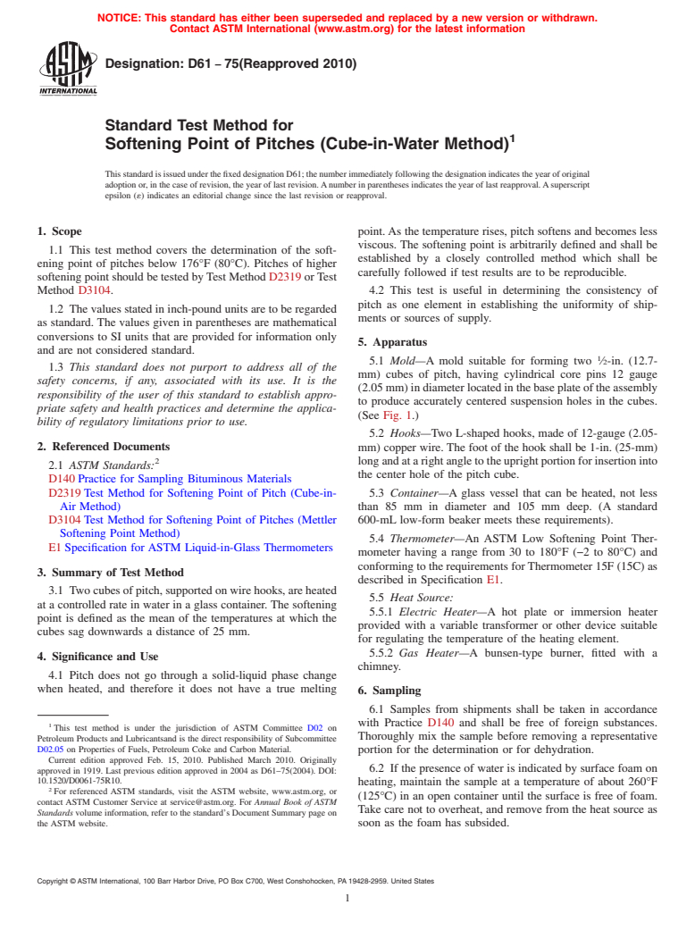 ASTM D61-75(2010) - Standard Test Method for Softening Point of Pitches (Cube-in-Water Method)