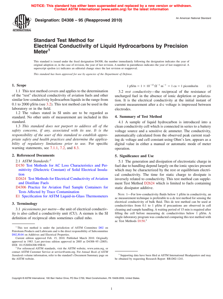 ASTM D4308-95(2010) - Standard Test Method for Electrical Conductivity of Liquid Hydrocarbons by Precision Meter