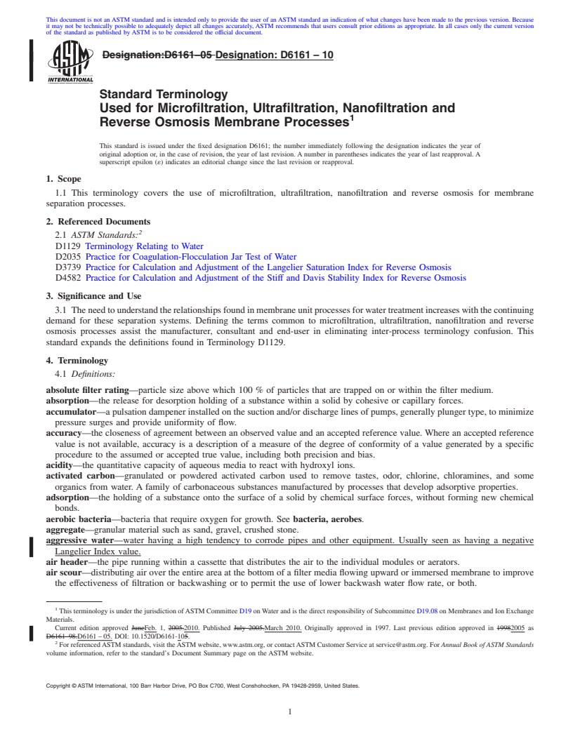 REDLINE ASTM D6161-10 - Standard Terminology Used for Microfiltration, Ultrafiltration, Nanofiltration and Reverse Osmosis Membrane Processes (Withdrawn 2019)