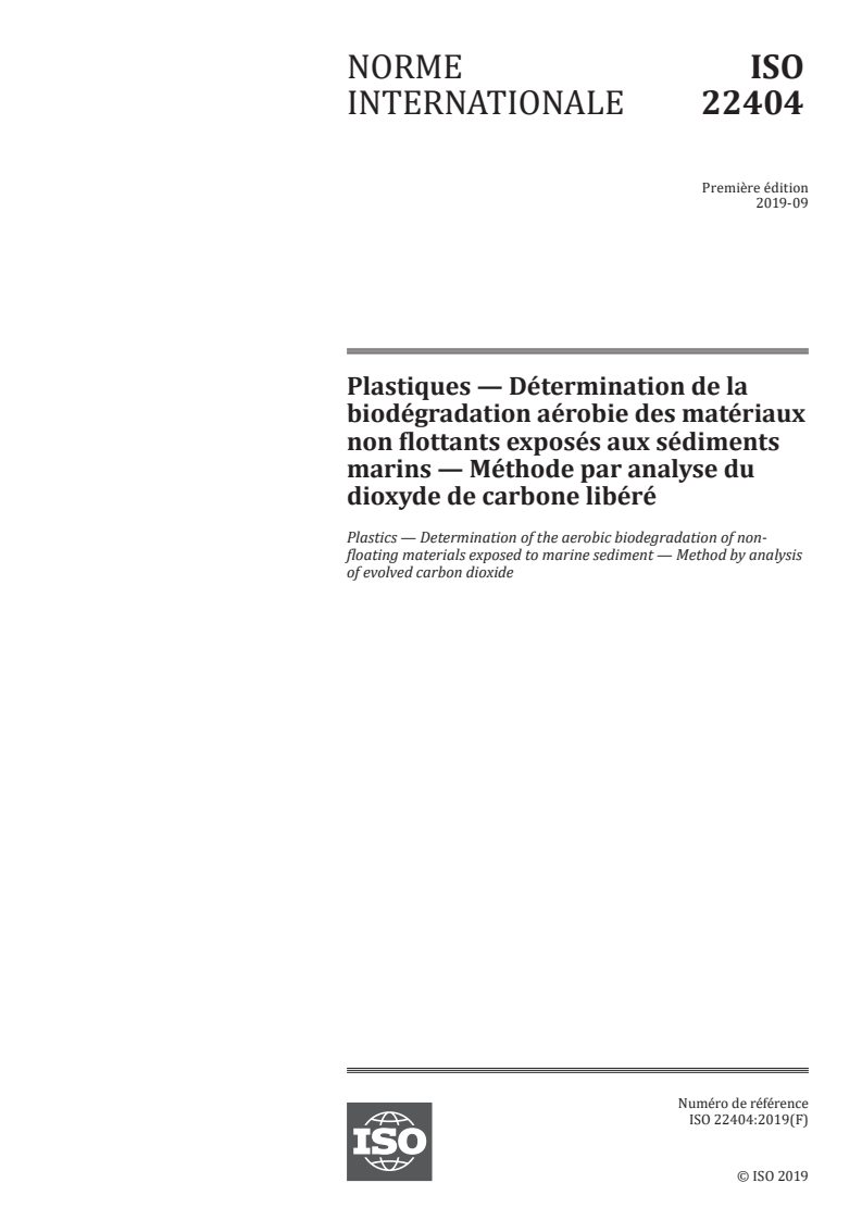 ISO 22404:2019 - Plastiques — Détermination de la biodégradation aérobie des matériaux non flottants exposés aux sédiments marins — Méthode par analyse du dioxyde de carbone libéré
Released:11/10/2021