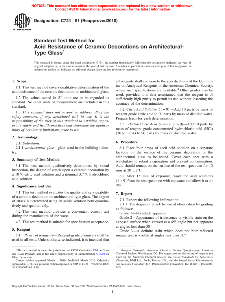 ASTM C724-91(2010) - Standard Test Method for Acid Resistance of Ceramic Decorations on Architectural-Type Glass