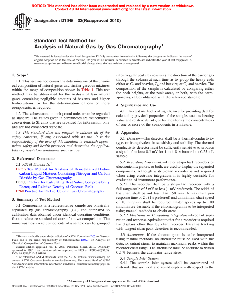 ASTM D1945-03(2010) - Standard Test Method for Analysis of Natural Gas by Gas Chromatography