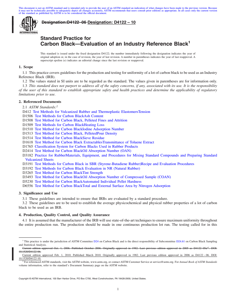 REDLINE ASTM D4122-10 - Standard Practice for Carbon Black-Evaluation of an Industry Reference Black