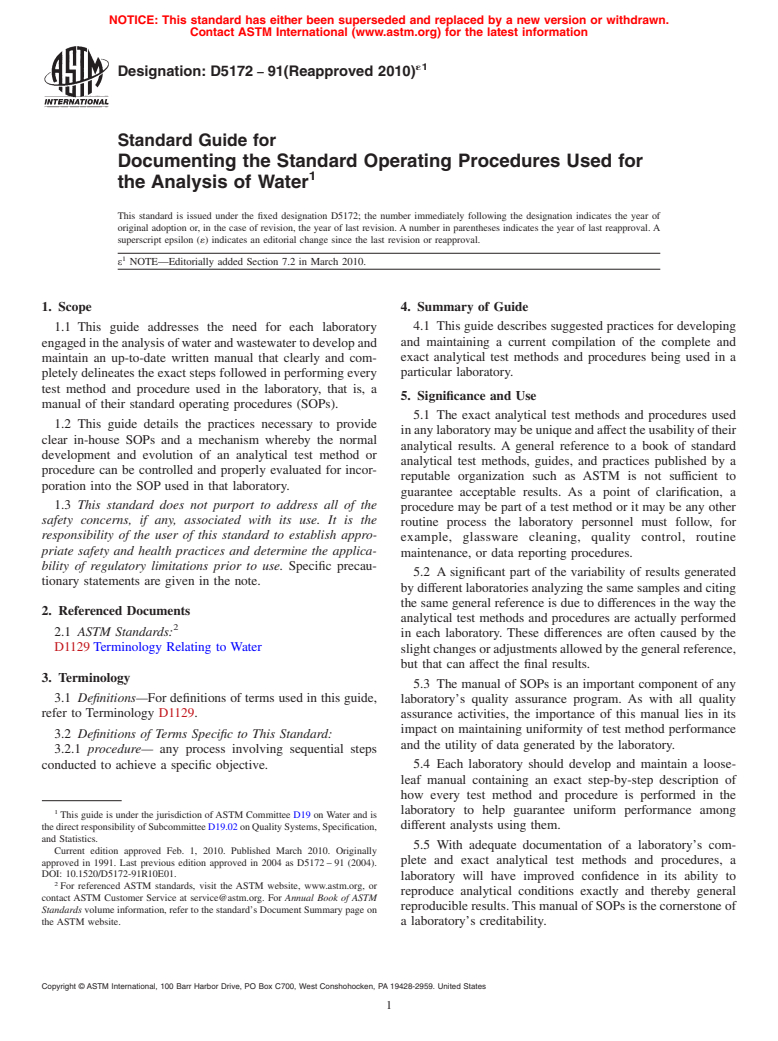 ASTM D5172-91(2010)e1 - Standard Guide for Documenting the Standard Operating Procedures Used for the Analysis of Water