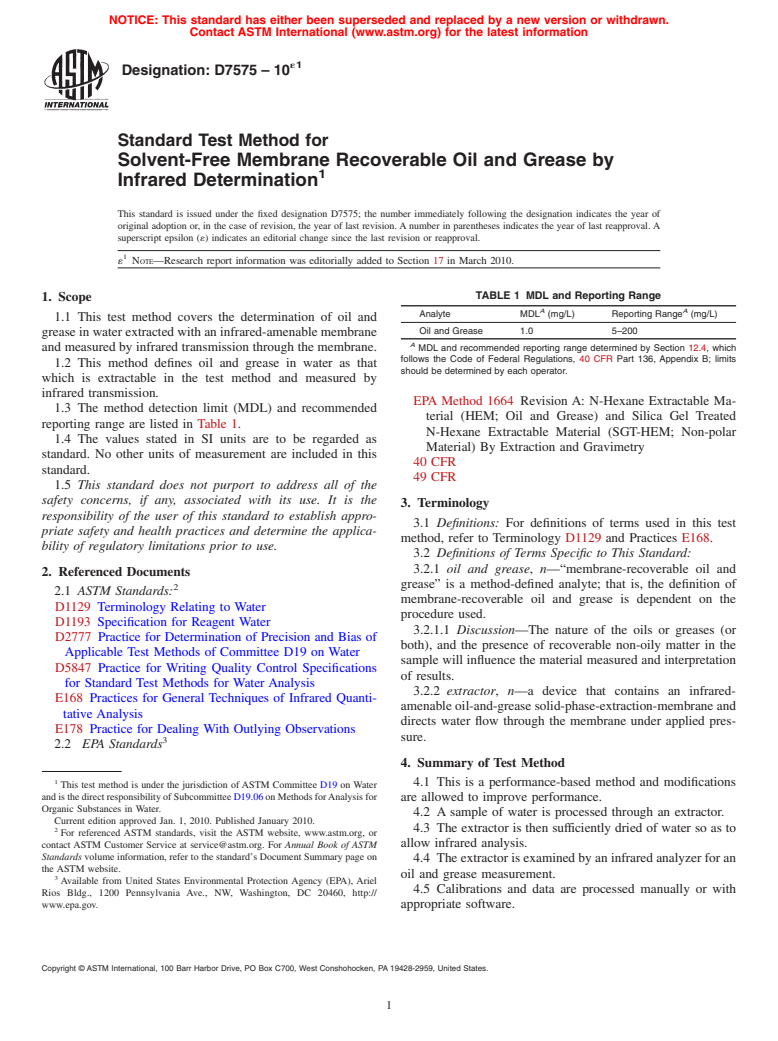 ASTM D7575-10e1 - Standard Test Method for Solvent-Free Membrane Recoverable Oil and Grease by Infrared Determination