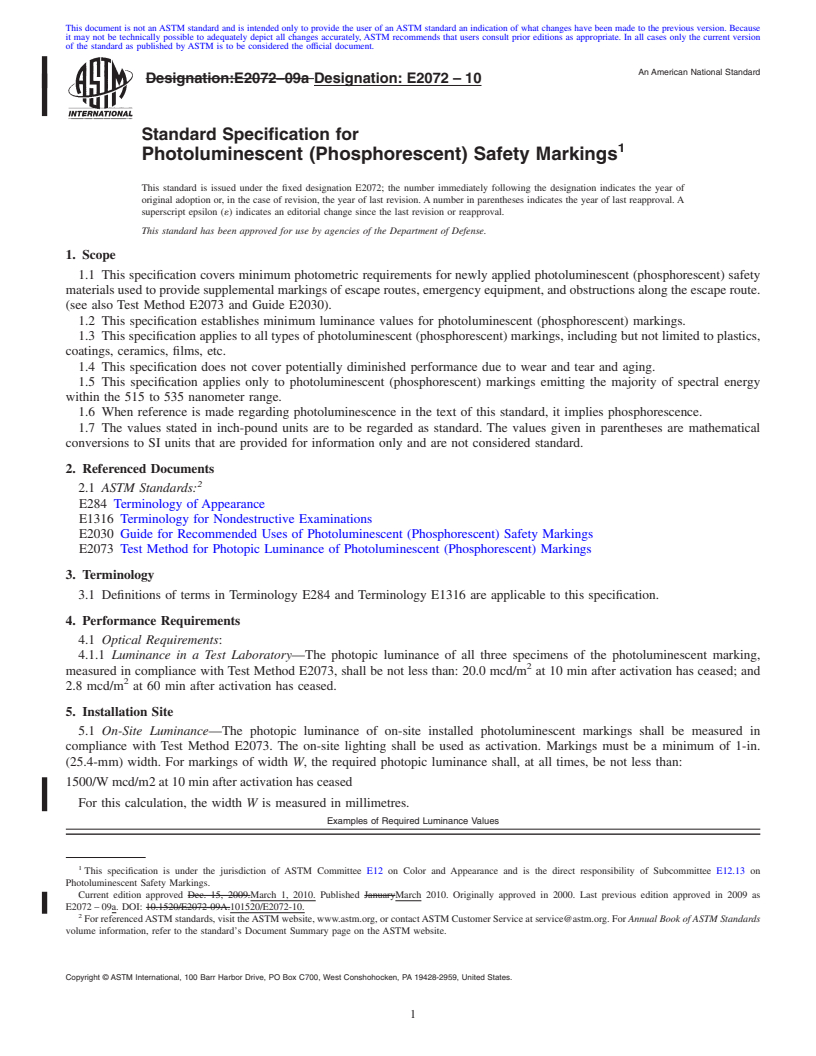 REDLINE ASTM E2072-10 - Standard Specification for Photoluminescent (Phosphorescent) Safety Markings