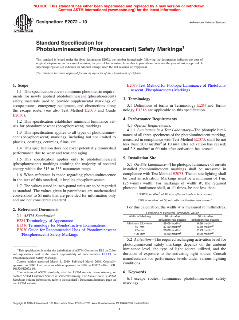 ASTM E2072-10 - Standard Specification for Photoluminescent (Phosphorescent) Safety Markings